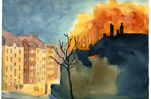 Sabotagen mod Allways foreviget af arkitekten Einar Madvig. Akvarel.